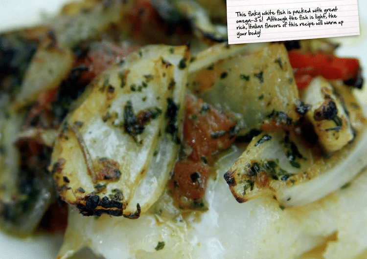 White Fish with Onions, Tomato Sauce & Pesto