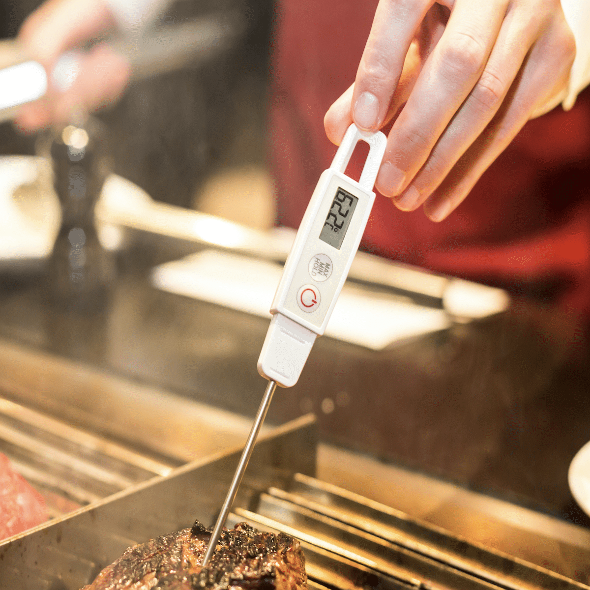 Food thermometer check temperate on burger